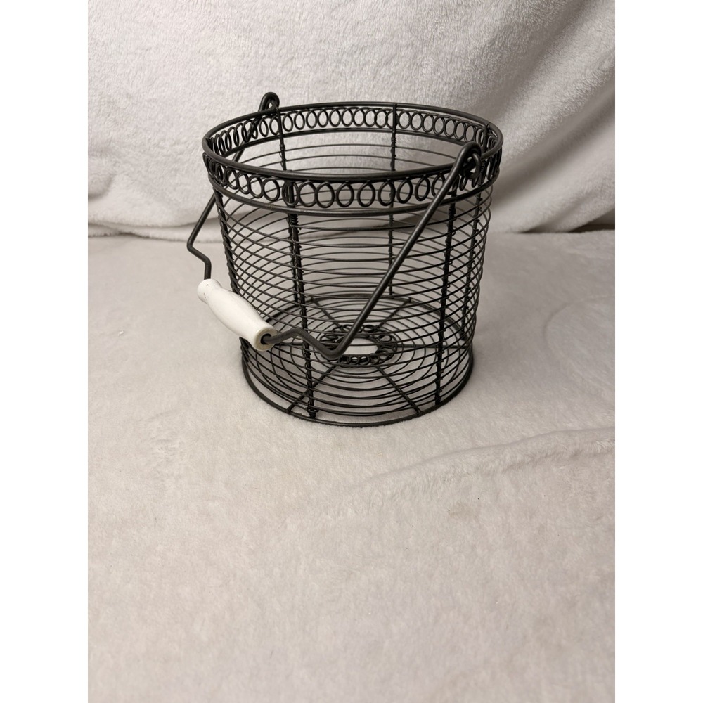 Vintage 90s Farmhouse Wire Basket Pivoting Ceramic Handle Primitive Cottagecore